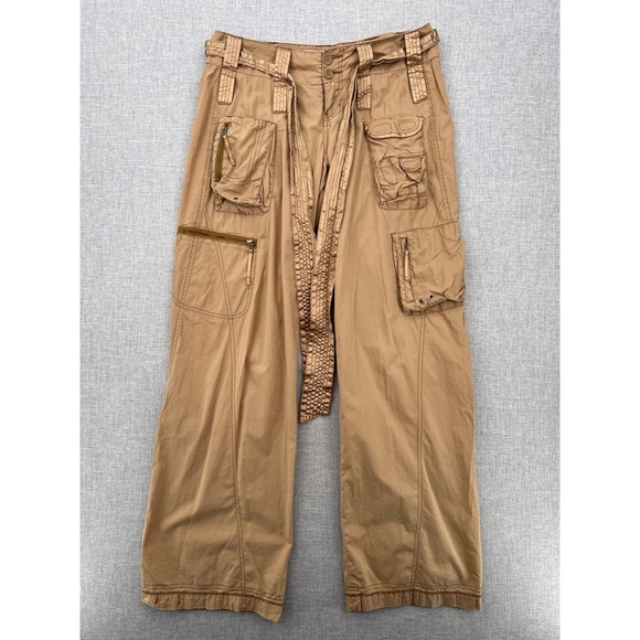 VTG Y2K Abercrombie & Fitch Wide Leg Paratrooper Cargo Pants Women 4 Tan Satin - Picture 2 of 14